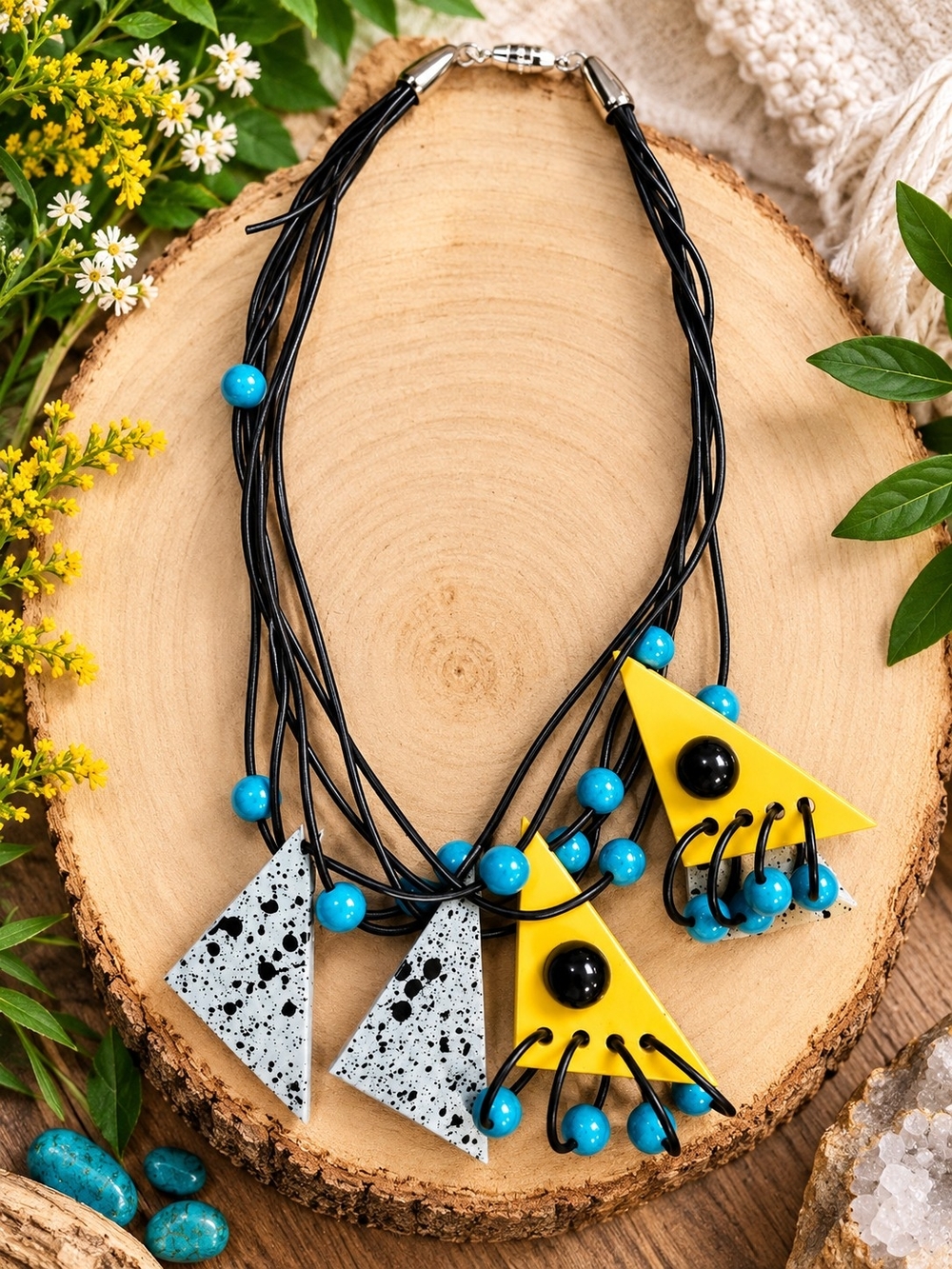 Bold Geometric Black & Yellow Statement Necklace with Turquoise Beads